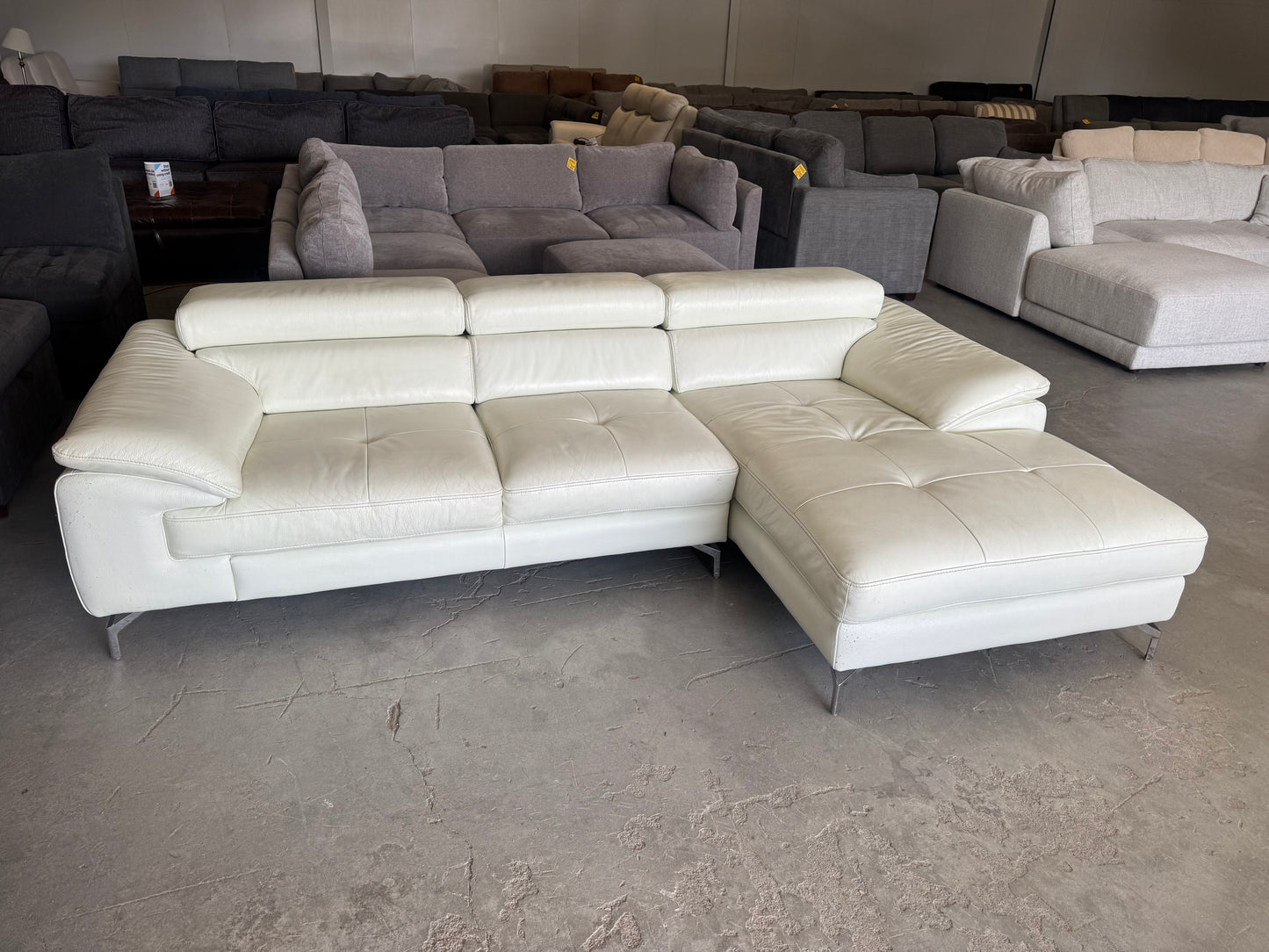 White Mid Century Modern Leather Chaise Sectional