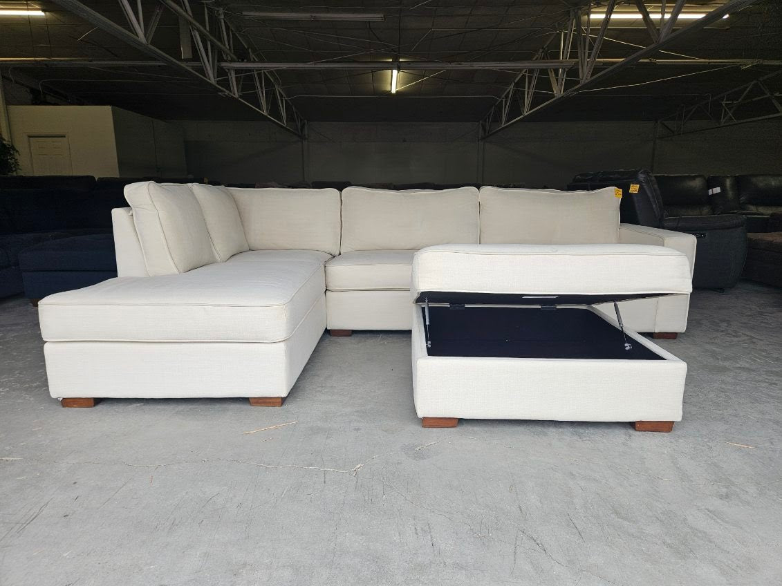 Beige Linen L-Shaped Sofa with Storage Ottoman