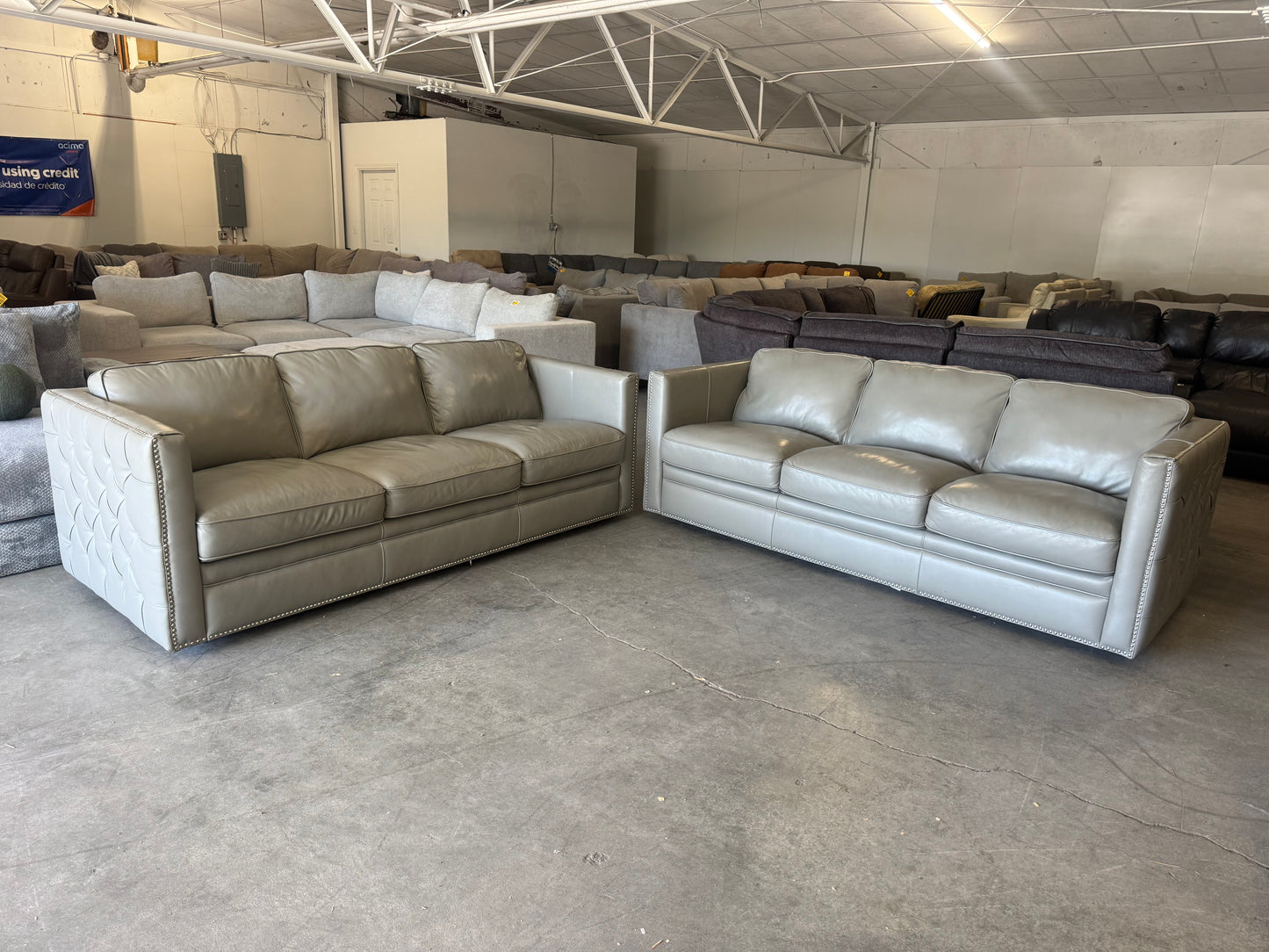 Gray Leather Couch Set with Ornate Nailhead Trim