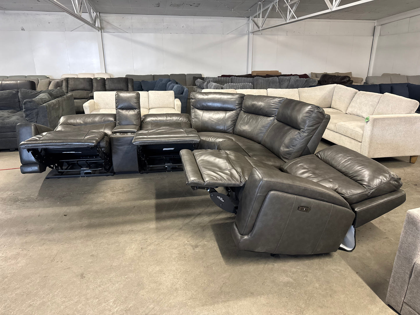 Dark Gray Leather 6-Piece Power Reclining Sectional w/ Power Headrests