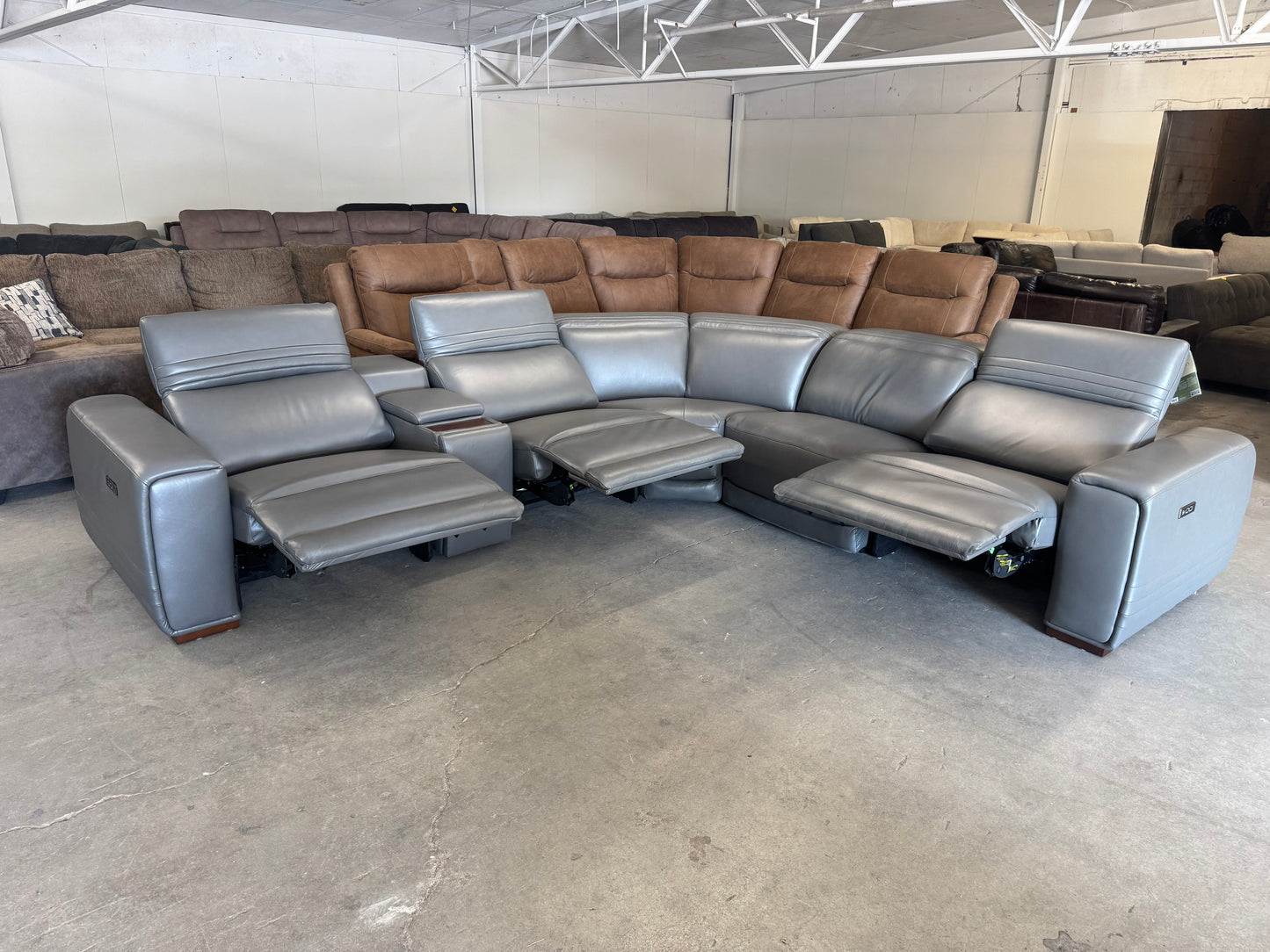 Brand New Aiden & Ivy Karson Gray Leather Power Reclining Sectional