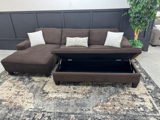 Large Brown Sectional Couch with Storage Ottoman
