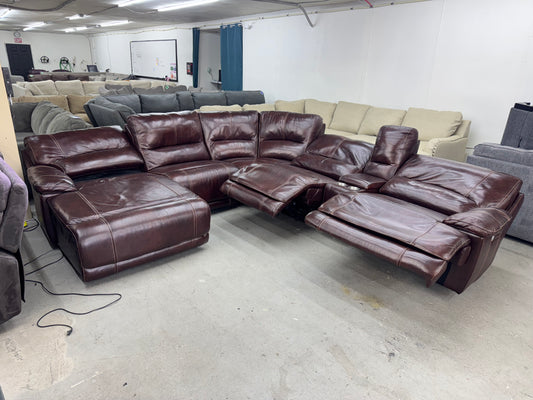 Leather Mahogany 6 Piece Modular Sofa w/ Reclining Chaise & 2 Power Recliners