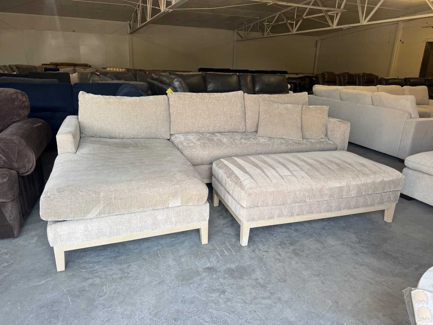 Down-Filled Mid-Century Modern Taupe Fabric L-Shape Sectional with Ottoman
