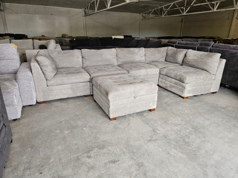 Gray Modular Sectional with Power Recliners & Storage Ottoman