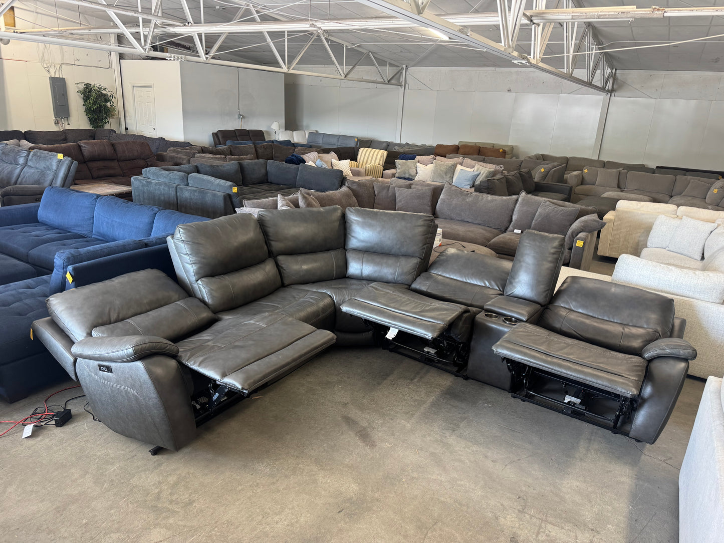 Charcoal Gray Leather 6-Piece Modular Sectional w/ 3 Power Recliners