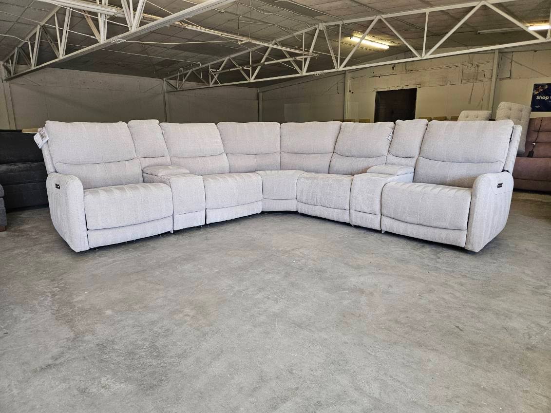Light Gray Modular Fabric Power Reclining Sectional w/ Power Lumbar & Headrests