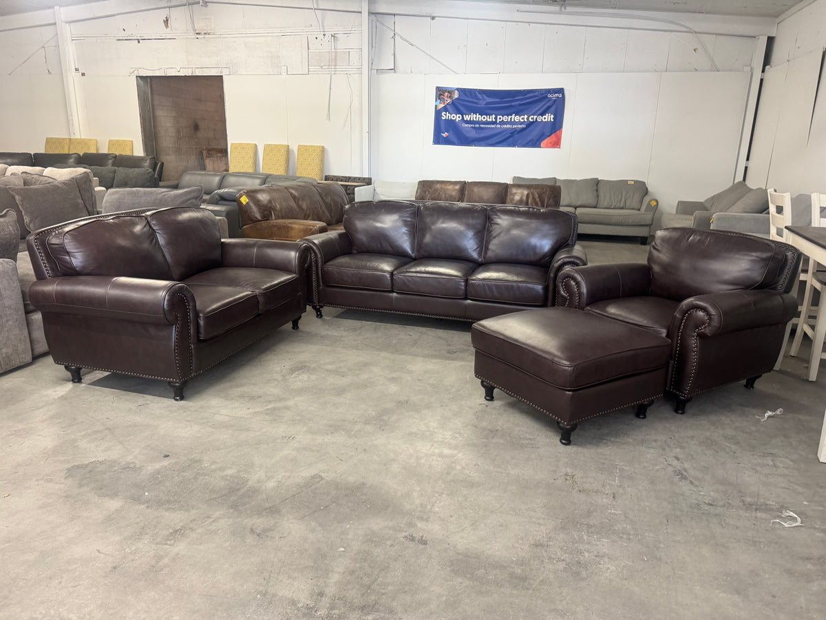 Brown Leather 4-Piece Sofa, Loveseat, Chair & Ottoman