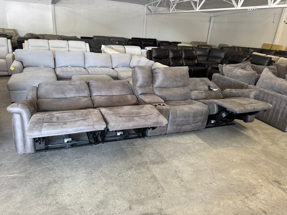 Modular Brown/Gray Power Reclining Theater Sofa w/ Adjustable Headrest