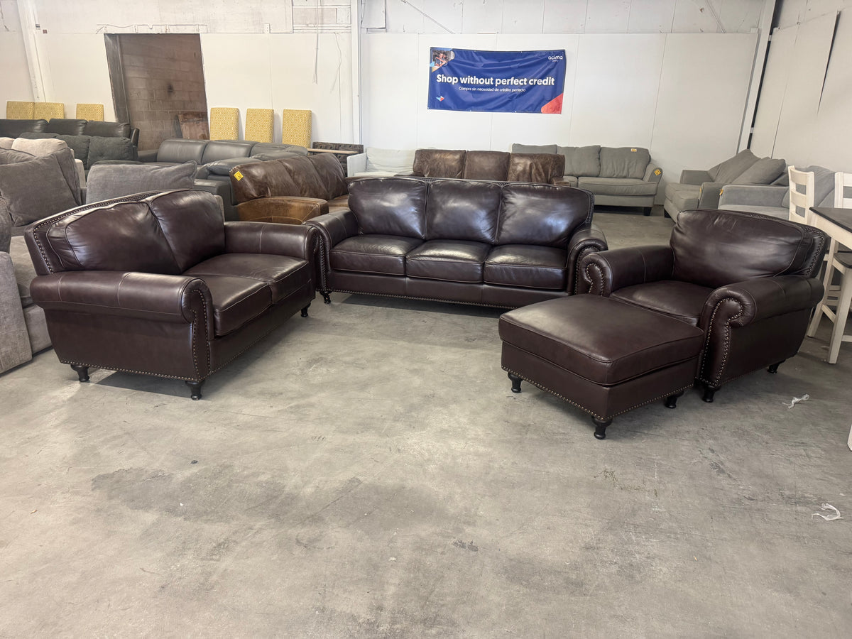 Brown Leather 4-Piece Sofa, Loveseat, Chair & Ottoman