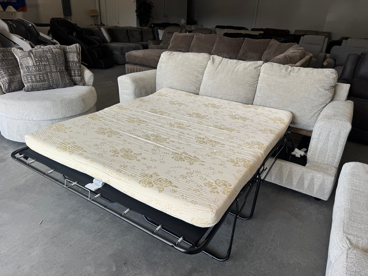 Living Room Set – Plush Beige Sleeper Sofa, Loveseat & Barrel Chair