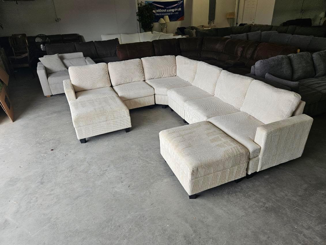 Cream Corduroy Modular Sectional with Dual Storage Ottomans