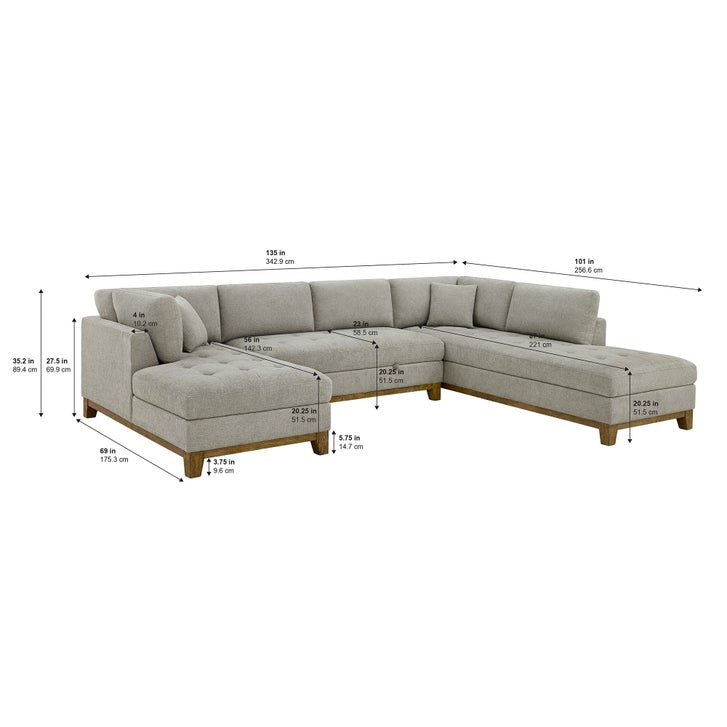 Brand New Gray Mid Century Modern U-Shaped Sectional with Dual Chaise Lounges