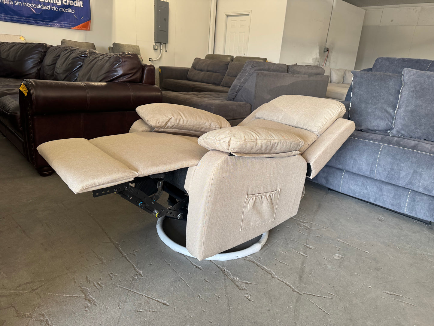 Brand New Beige Fabric Swivel Recliner
