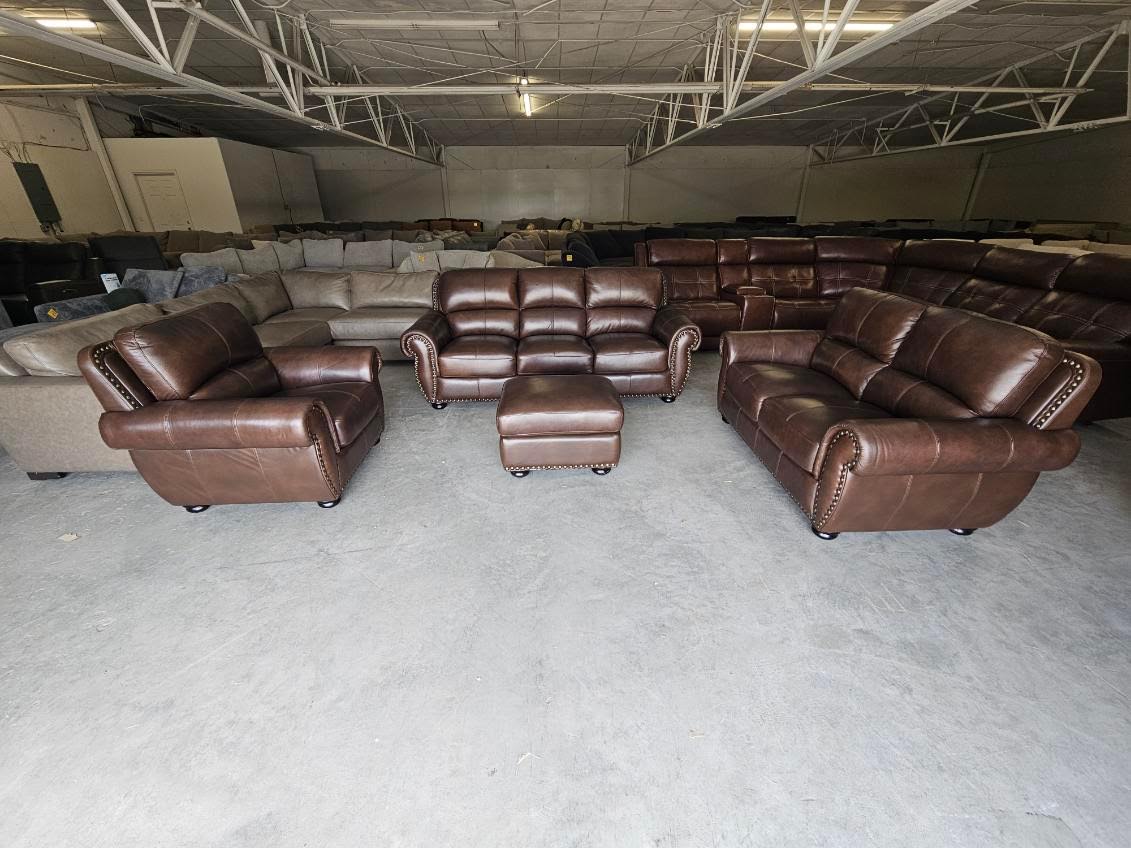 Brown Leather Living Room Set with Couch, Loveseat, Chair + Ottoman