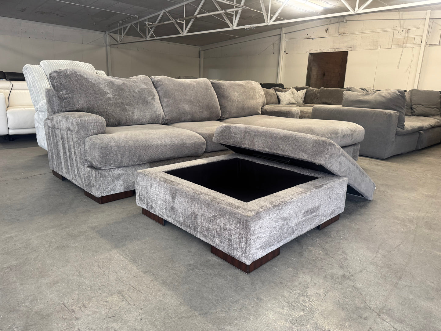 Plush Gray L-Shape Sectional with Storage Ottoman