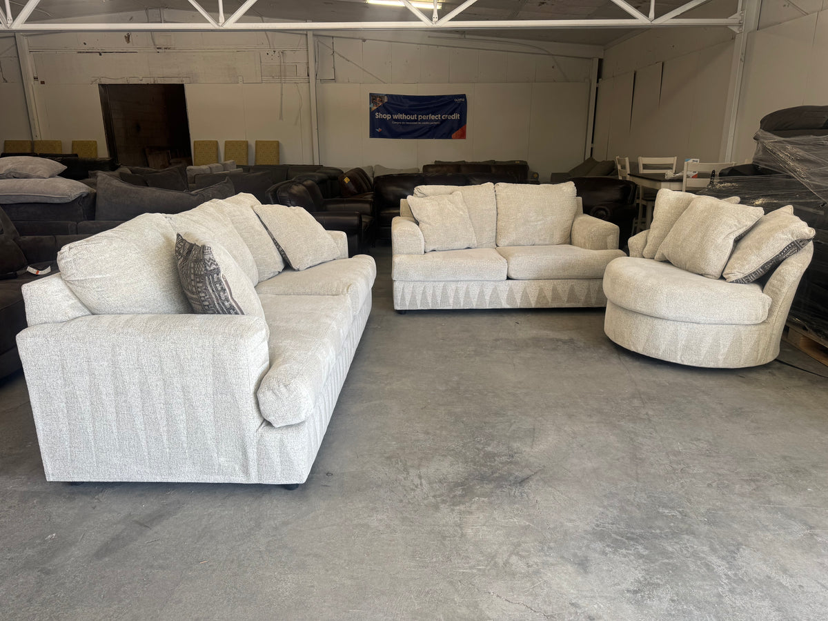 Living Room Set – Plush Beige Sleeper Sofa, Loveseat & Barrel Chair