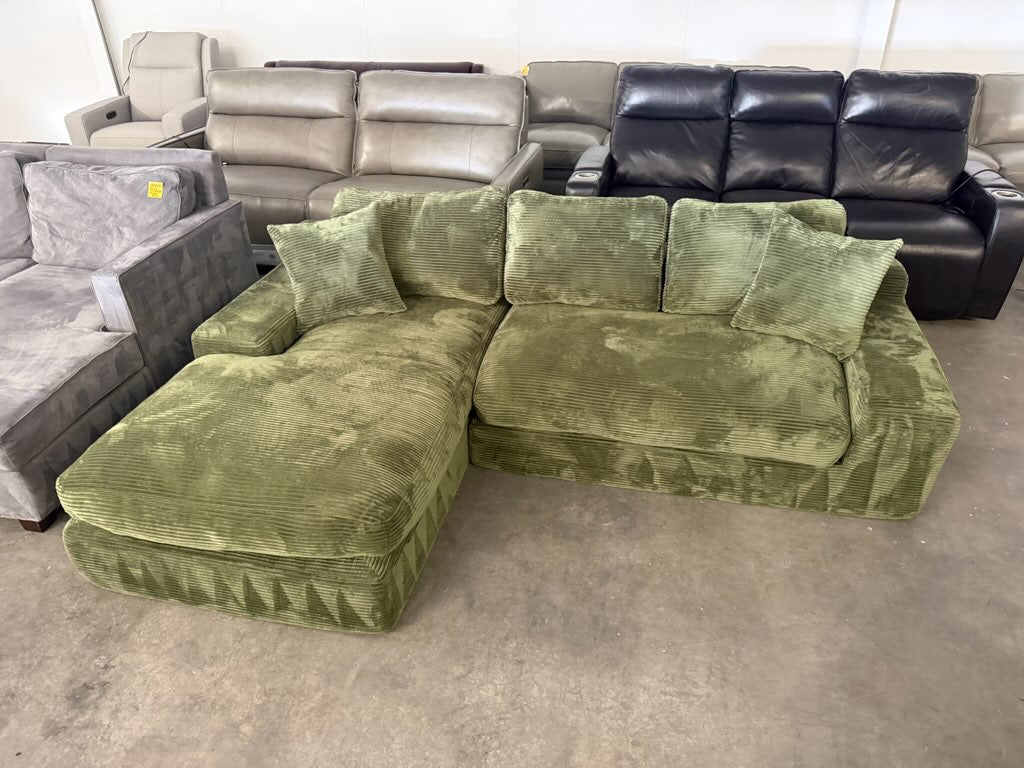 Green Plush Corduroy Boneless L-Shaped Sectional