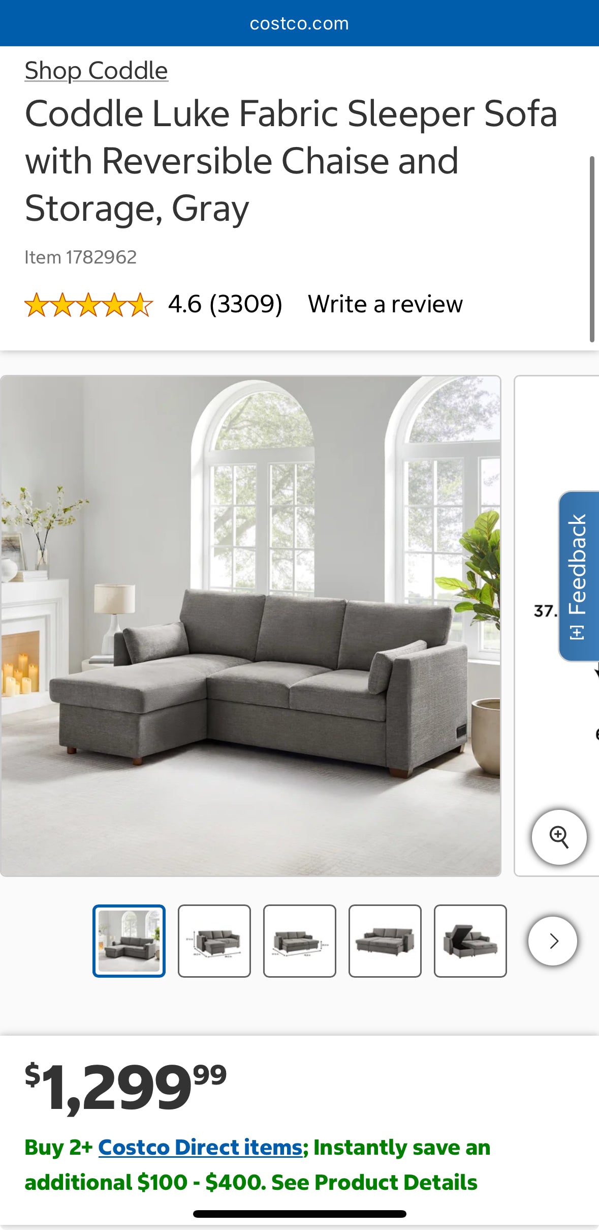 Gray Coddle Sleeper Sofa with Reversible Storage Chaise