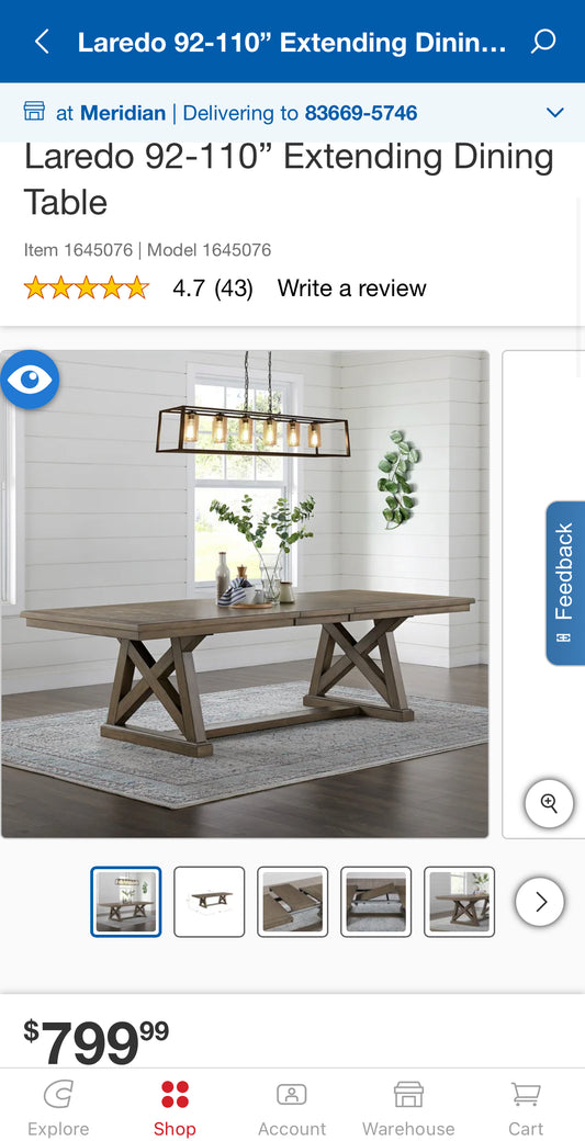 NEW IN BOX - Laredo 92–110” Extending Farmhouse Dining Table