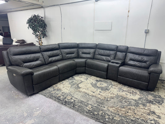 Charcoal Gray 6-Piece Modular Leather Sofa with 3 Electric Recliners