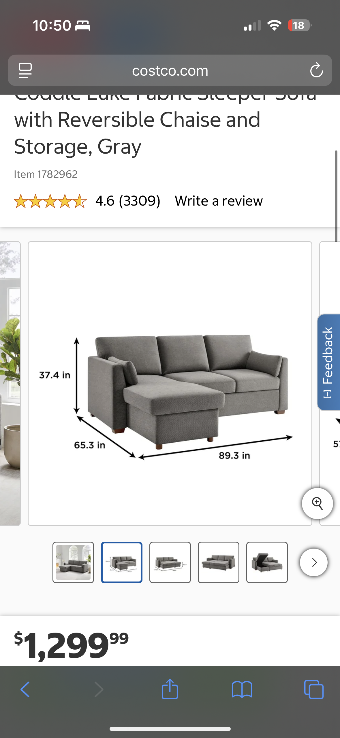 Gray Coddle Sleeper Sofa with Reversible Storage Chaise
