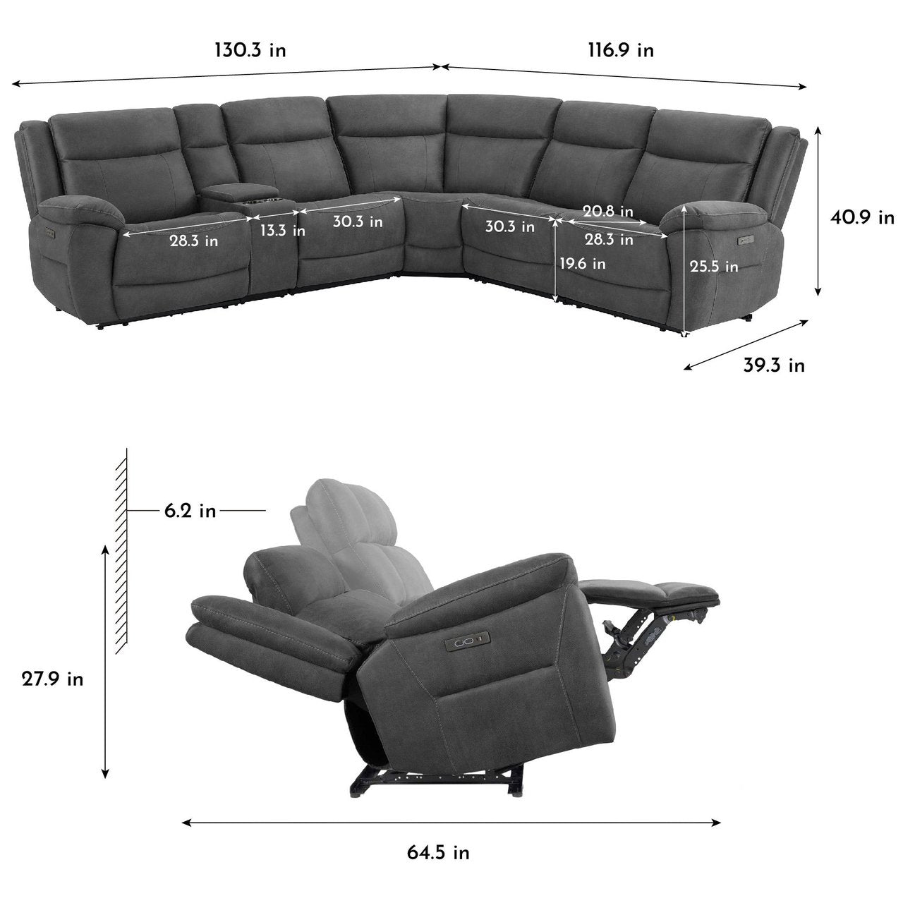 Gray Modular 6 Piece Sectional with Three Zero Gravity Recliners